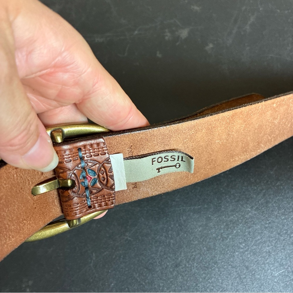 Fossil Brown Tooled Colorful Leather Belt Western Boho Y2K Size Small - Picture 5 of 16